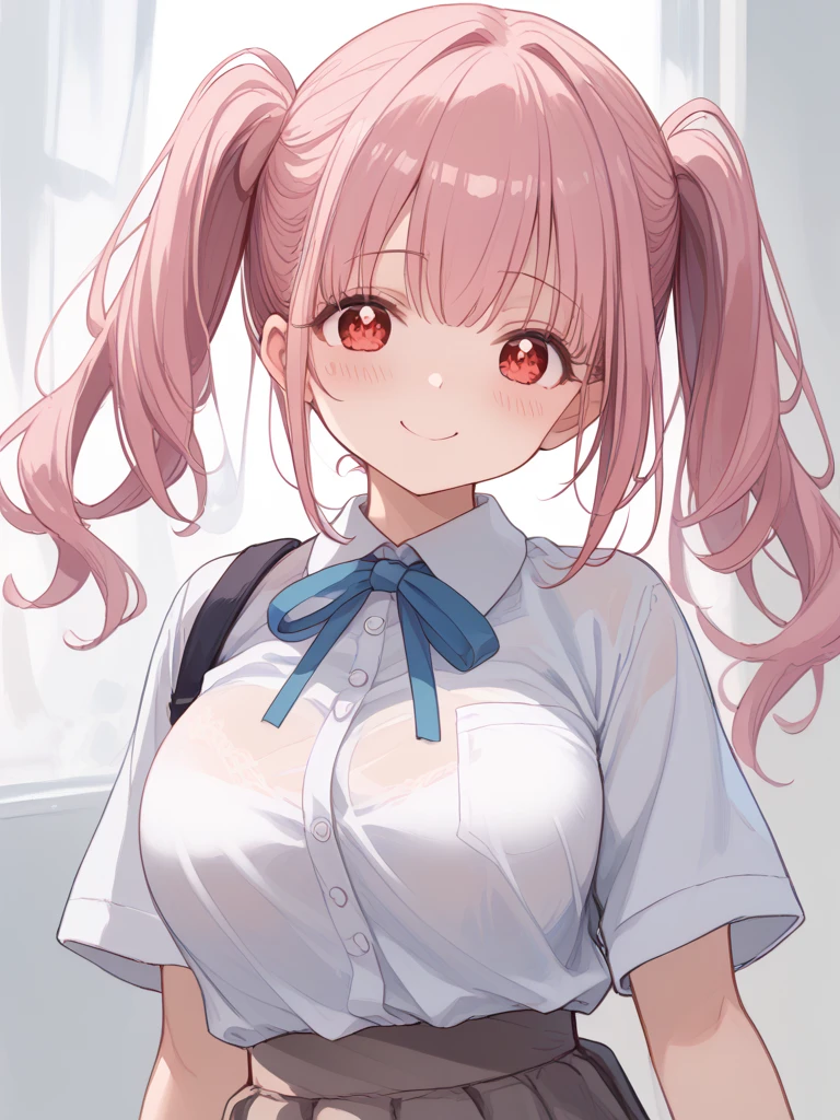 (masterpiece, Highest quality, super high quality:1.1), (From below), board member, close, One girl, alone, Anime Girl, young with long hair, Red Hair, Very long twin tails, Yellow Eyes, Large Breasts, , woman, Pouting, Tsundere, anger, White clothes, 20代成人womanの体形, White shirt, headphone, Floating Chain, Upper Body, Leaning forward, hands on knees, (Upper Body, Volume Lightening), White Background, Simple Background