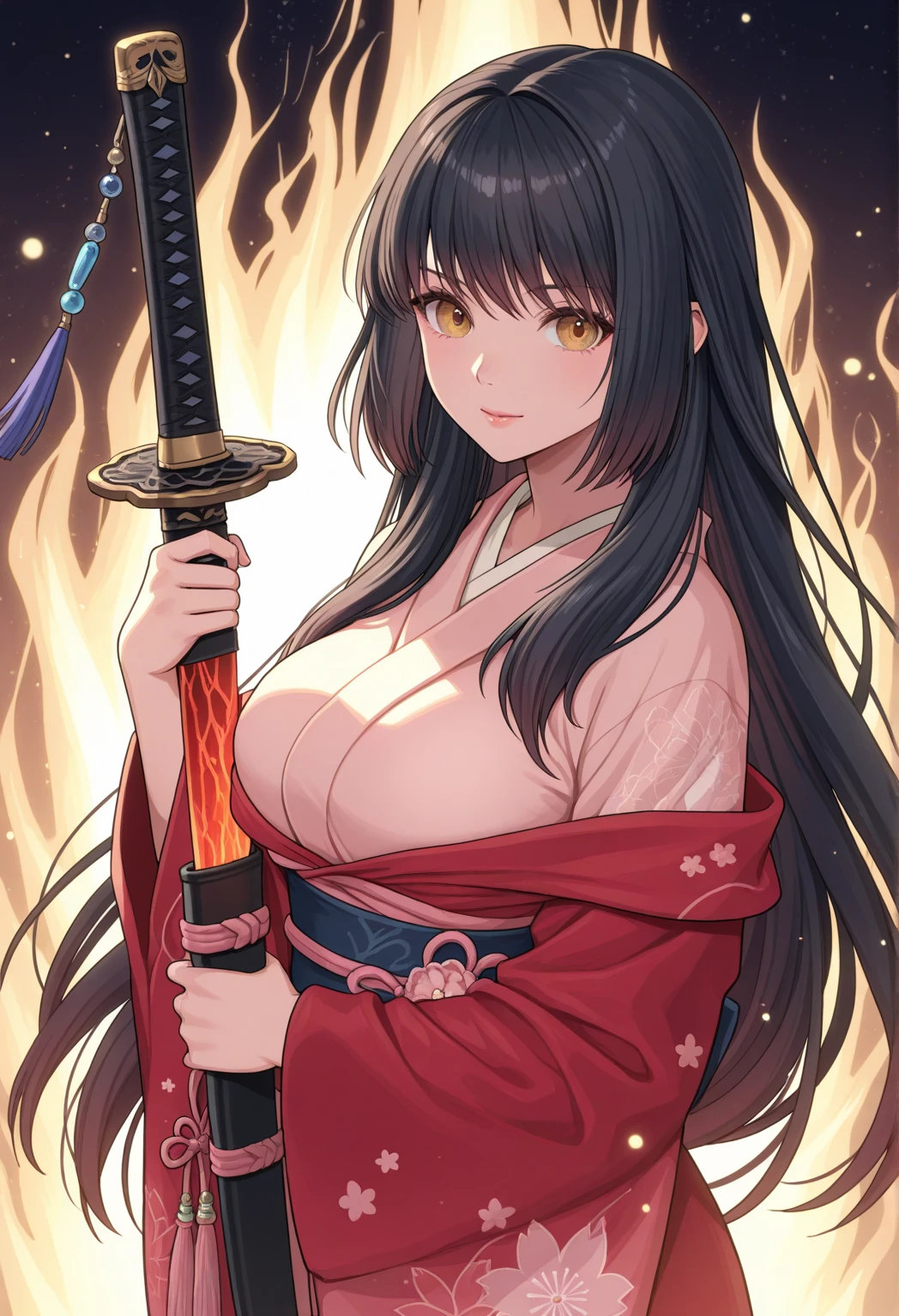 A masterpiece, very detailed, ultra detailed, one, (1 woman), a woman in Japanese closed traditional clothes of a feudal queen and with a traditional handmade fan, light golden eyes, long black straight hair and straight bangs, with huge breasts, she with black demonic horns, against the background of the sun, fire and flame