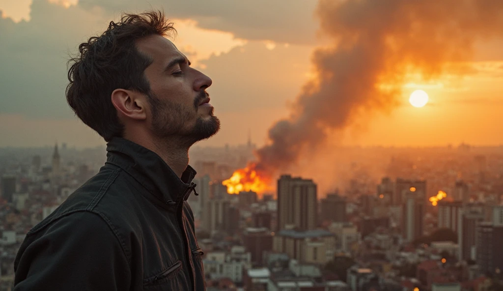 25 yo guy, with brown short curly hair, tattoed arms, black tshirt and jeans, seen by his back, watching Turin city completely destroyed with flames, enormous atomic bomb explosion in the background, 8k, ultra realistic, masterpiece