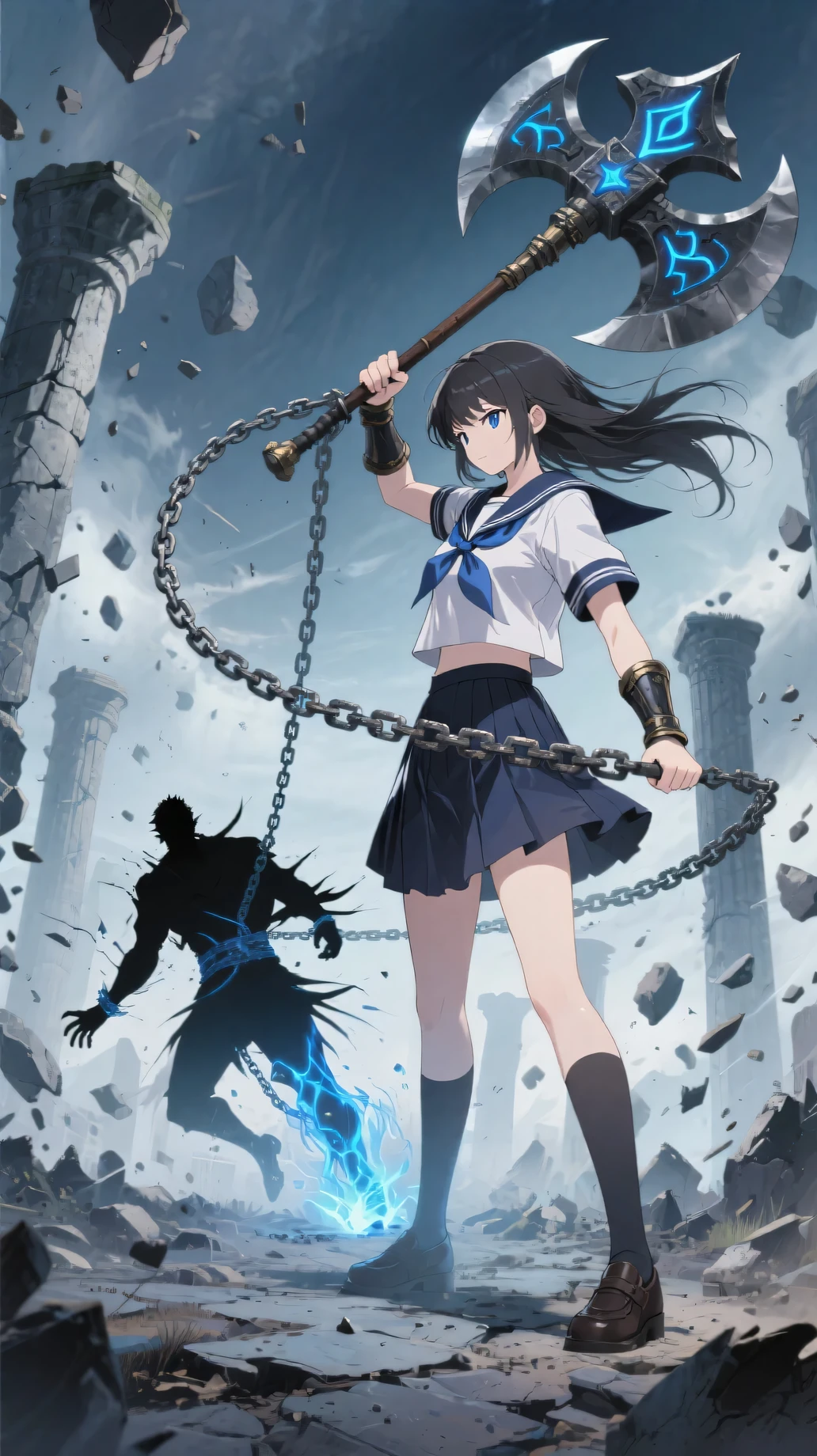 A powerful schoolgirl warrior in a sailor-style uniform stands confidently in a shattered fantasy battlefield, surrounded by broken stone pillars and floating debris.
She wields a massive, double-headed battle axe with glowing blue runes, connected to a long heavy chain that coils through the air.
The chain is tightly wrapped around a shadowy enemy figure in the distance, binding their torso and leg.
The enemy’s silhouette is being violently pulled forward, their posture unbalanced as if dragged across the ground.
The schoolgirl grips the chain with one hand, preparing to strike with her enormous axe, her hair and skirt flowing in the wind.
The scene captures the moment just before the decisive blow, with tension and motion frozen in midair.
Anime style, cinematic fantasy lighting, magical blue effects, dynamic action pose, highly detailed.