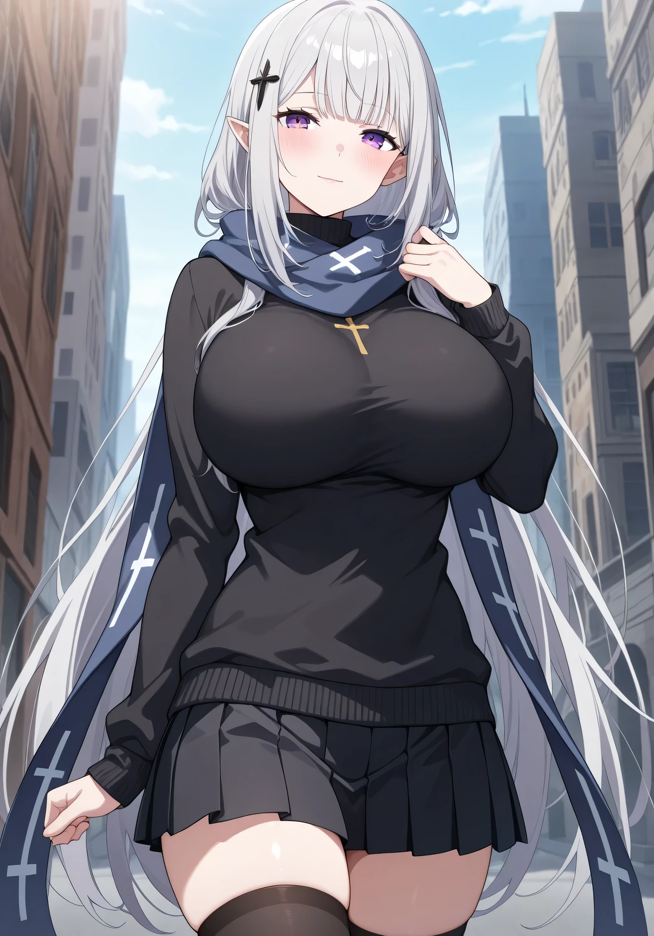 (Score_9, score_7:0.6), (masterpiece, best quality, good quality, newest:0.6) score_7_up, anime screencap, long dress, Satella, Solo Anime, 1girl, Mature Female, pointy ears, hair ornament, blush, silver hair, closed mouth, light smile, lips, purple eyes, Sexy, outdoors , front view detailed body, (dark scarf, Black sweater, turtleneck, long sleeves, cross print, black skirt, pleated skirt, miniskirt, black thighhighs,) big breast, City, manila,