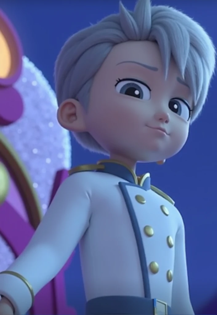 A realistic white-haired boy, 8 years old , 8yearsold, very messy hair, realistic hair, ((same realistic hairstyle)), realistic grey eyes, realistic smiling expression, adapt the same realistic prince clothes, realistic light, realistic shadows, realistic background, good image quality, very good image results, 4k, ultra detailed, realistic
