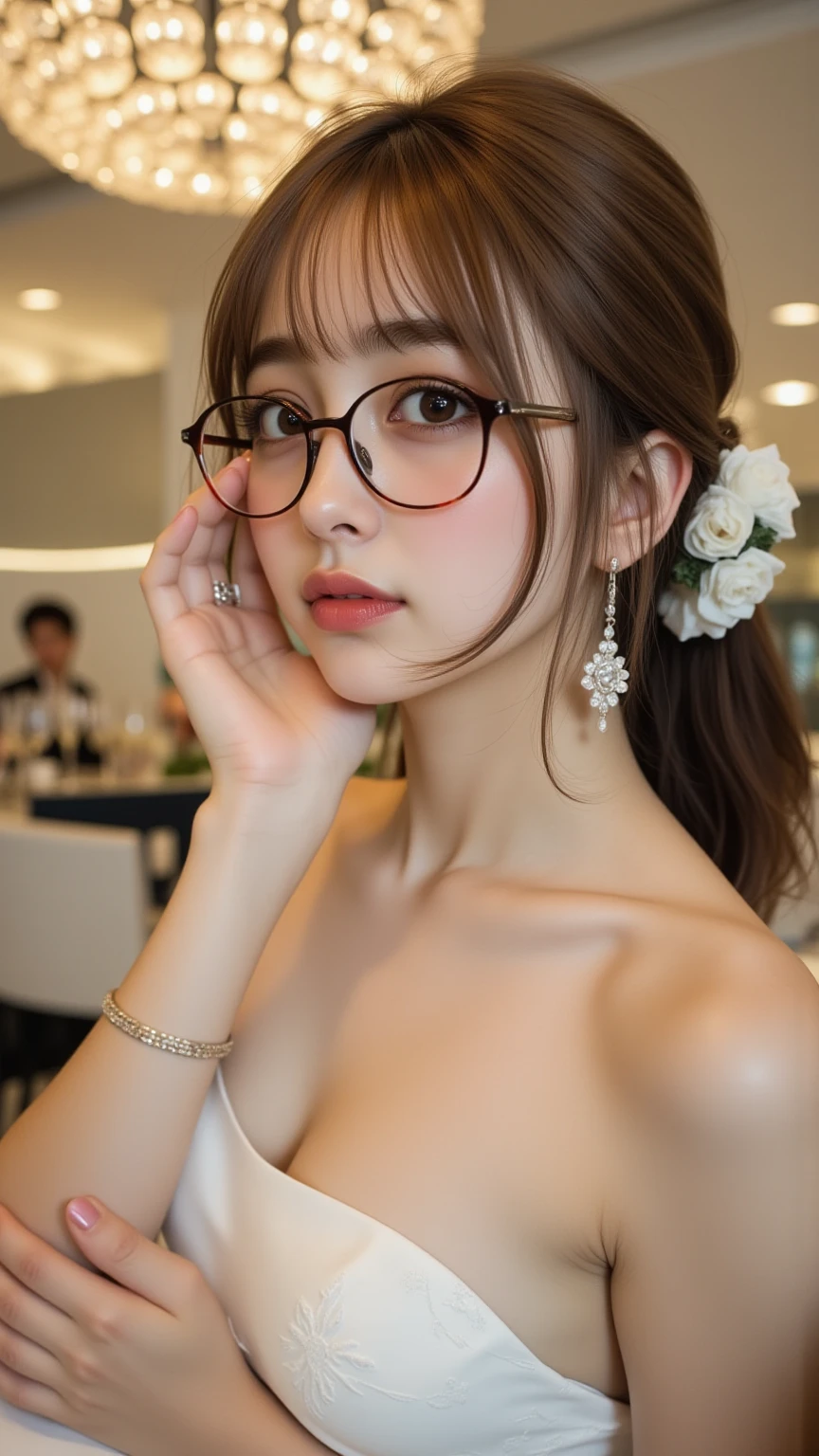  (1 Girl:1.4, japananese girl:1.4, girl,posed photo, widangle photo, full body shot), (realistic dark hair), long hair, facing camera, shallow smile, open lips, (beautiful, detailed face, beautiful delicate eyes), sweaty legs, bright, (sunlight, daylight), (beautiful butt:1.3), (((on a wooden bench))), topless with her hands covering her breasts, (flower decoration on head), petals dancing, mouth slightly agape, (colorful japanese chandelier), (masterpiece), best quality, high quality, enduring, rich colors, stunning art, top quality, ultra detail, beautiful detail, reflective hair, good lighting, ray tracing, depth of field, ultra detail, phenomenal, minute, highly detailed, (super detail meticulous beautiful girl), beautiful detail brilliance, intricate detail, high resolution, very polished beauty, beautiful detailed eyes, hdr, round eyes, detailed facial features, (round eyes: 1.4) (very detailed face), depth of field, (attractive face), (wicked smile:1.3), parted lips, (viewer Look:1.1), Cleavage Close-Up, Wide Shot, Side Body, Photo Letter, Lascivious Pose, Moody Light, Beautiful Legs, Smile, Daisy, (Superlative, High Definition), Ultra-Definition 8K, Beautiful Big Tits, (Hyper High Definition, Ultra High Detail, High Definition, High-Reality, Ultra-Realistic, Photographic Realism),cleavage, chest covered only by hands, hips full, large rimmed glasses, earrings, Rimmed glasses, earrings, pink sexy thread, (sexy lingerie, openwork underwear, openwork embroidered tulle underwear set), lace pantyhose, lace gloves, wedding head scarf, pearl necklace, tiny shorts, (twin crotch knot), (tie with hands behind head), ((twin crotch knot)), ((twin crotch knot))