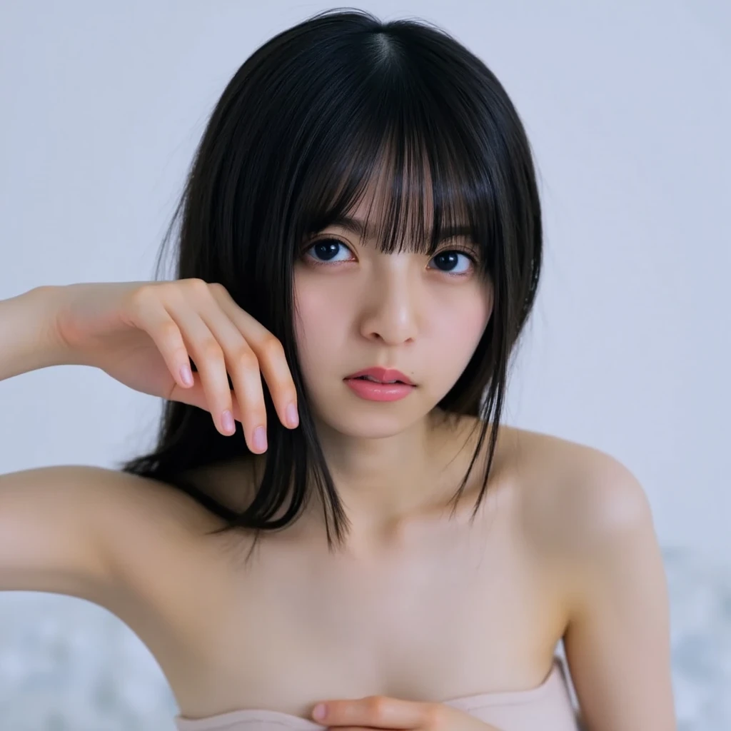 Leaning forward, ((,Round face, The surrounding area ,barefoot)), Long Hair, Natural Makeup, Fuller lips, Sexy Gaze, barefoot, ((Raise one leg)), , Shooting from below, ,((Extremely precise and accurate anatomy)), (masterpiece:1.43), Perfect Proportions, Realistic photos, Full Shot, whole body, (height: 168cm), , Black Lips, eyeliner, Gothic, Goth Girl,((multicolored hair colors:1.2)),(((Completely naked))),(((nsfw))),((Small breasts:1.2)) ,