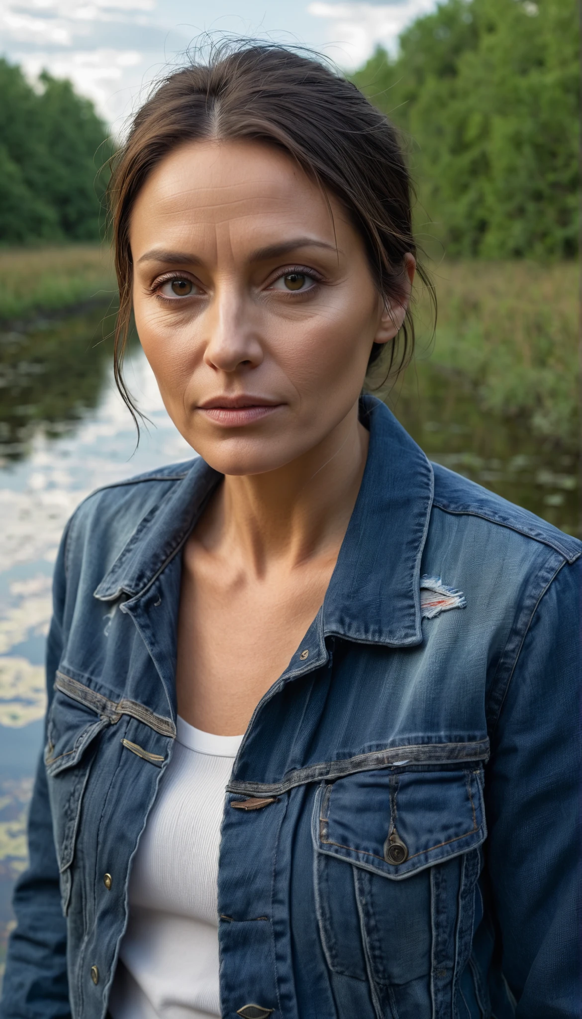 Woman 40 years old, expressive wrinkles, eye bags, в джинсах и washed navy denim jacket,  despair , drowns in a swamp from sludge, high quality, photorealistic, detailed, 4k, hdr, studio lighting, 