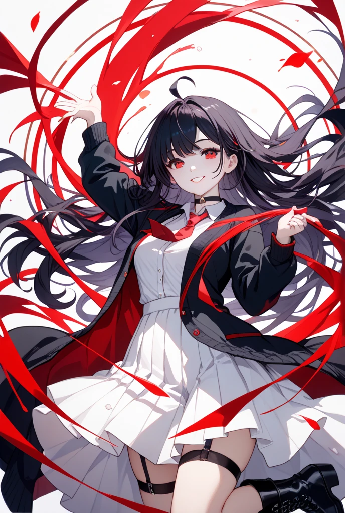 Close-up, one girl, black hair, black eyes, black clothes, red background, blood