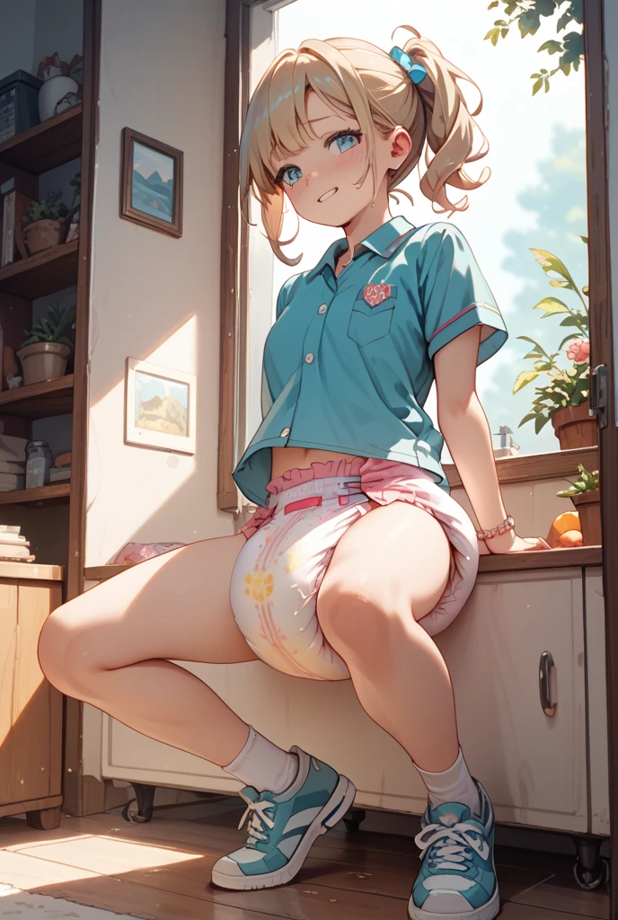 A Female robot is sleeping in bedroom, spread legs, nude, banzai pose. she wears no dress. She Brown short hair is tied with two big red clothespins, She lifts up the under hem of her white plain dress, leaning over, masterpiece, very short pigtails,brown hair, mature, android, blue eyes, full body figure, Height: 160cm, flushed cheeks, 2020s anime picture, A beautiful robot with short brown hair in two short pigtails held up by two very large huge red clothespins, Uplifting, No NSFW, whole body, barefoot, archaic smile, getting orgasm, 25 years old, sweat bucket.