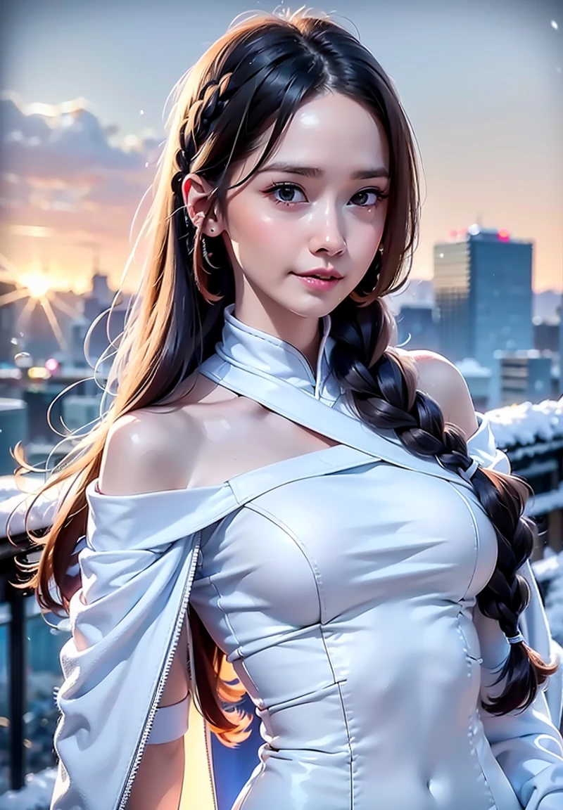 (RAW shooting, Photoreal:1.5, 8k, highest quality, masterpiece, ultra high resolution), Sengoku, fire thing, War fires raging everywhere:1.3, perfect dynamic composition:1.2, Highly detailed skin and facial textures:1.2, Slim female ninja with a sharp dagger:1.3, Fight:1.2, beautiful and aesthetic, cute and sexy beauty, perfect style:1.2, wear elaborate rings, fire, water, Wind, thunder, ice, Fair skin, very beautiful face, radiant white skin, (Medium chest), faint smile, (Wearing tirtle neck ninja suit), sleeveless (beautiful blue eyes), (Bewitching:0.9), cowboy shot, no mask, ninjitsu pose, neon lights, ninjitsu style, magic lights, chakra lights, aura