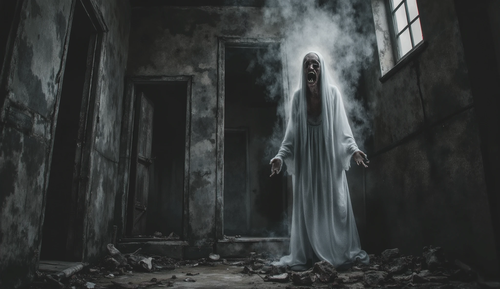 Surreal horror, ethereal apparition, abandoned house, dilapidated, darkness, shadows, haunting art, high detail, masterpiece.