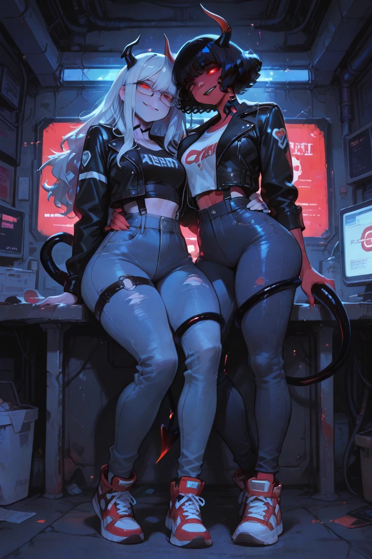 work of art, best qualityer, ultra detali, illustration, epic lighting, film composition, 1 girl, cute, red sclera,red pupils, cyborg, tatoo, hair green, colored fur, breasts small, Black jacke, legs apart hands with black gloves with yellow details, seducing gaze, seductively pose, trunk:1.1, gazing at viewer, pretentious smile, cloused mouth, plein-air, citys, cyber punk, neon lights, Street, (natta, tenebrosa, tenebrosaness, tenebrosa como breu, eyeshadows:1.4), (8K:1.1),  