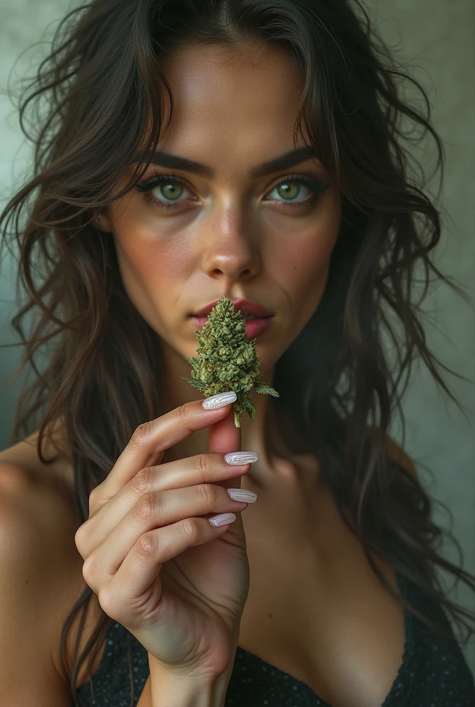 bearded woman, hirsute hairy body, smokes cannabis and is stoned