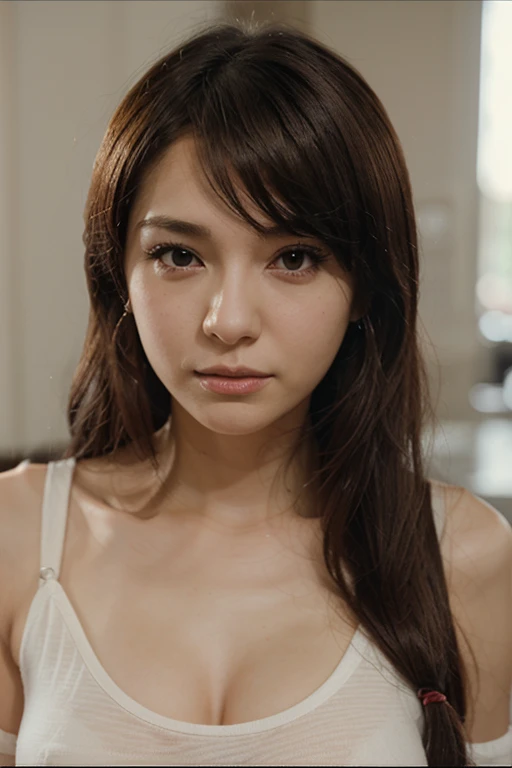 (1 cute Asian star) Realistic photo of shoulder-length hair, light makeup, small breast, no clothes, in school, clear facial features, 8K high resolution, clear and realistic details.