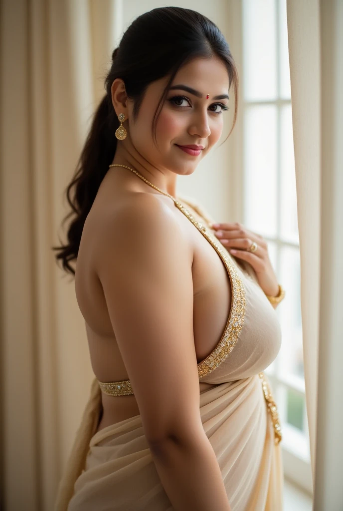 Outdoor image of a 21-year-old Ukrainian girl named Eleanor, captured in a school photo masterpiece. With a photorealistic quality of 1.7, the image highlights her best features under beautiful lighting. Eleanor, a 20-year-old plus-size model with a big, thick booty covered under her outfit, exudes elegance with dark lipstick and random-colored beautiful eyes. Her extremely high bun of long, curly hair adds to her allure. She is dressed in an Indian saree, presenting a full-body view with different poses and perspectives. The image showcases her big breasts and thick booty, all underlined with clear paint lines that enhance her stunning appearance.