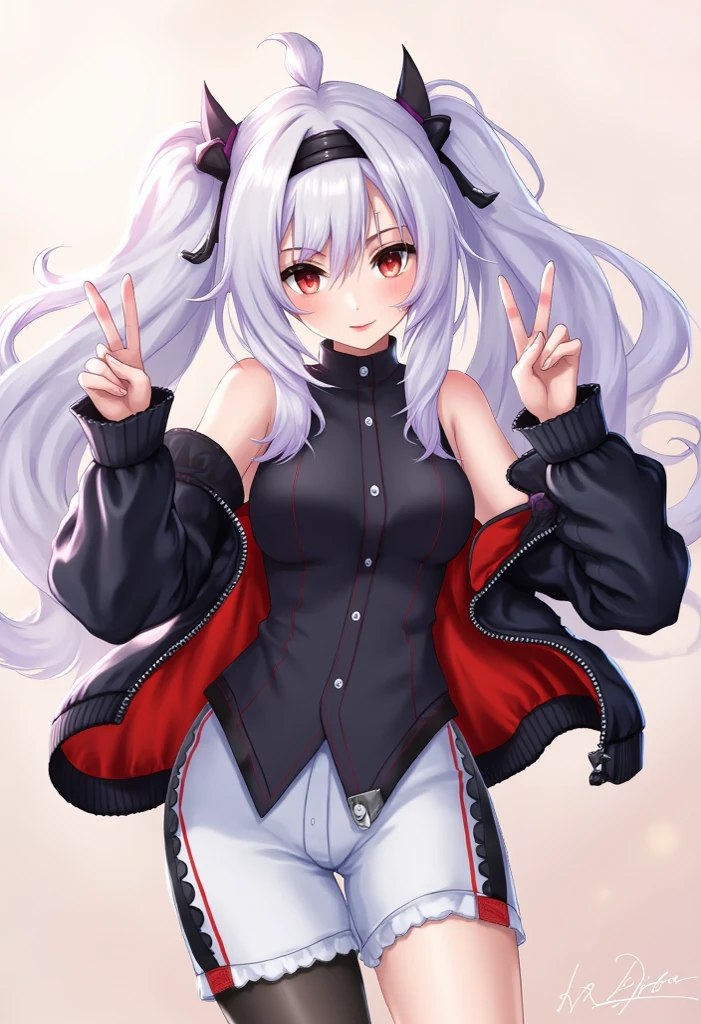 20-year-old adult anime girl with big tits and big ass who is beautiful and flirtatious with long white hair with a black bow in the back, a question mark next to the head, a long-sleeved top and black pants with white hearts, a short black skirt with a white belt and a crimson teddy bear keychain, a panther tail with a red bow at the tip, cute little panther ears