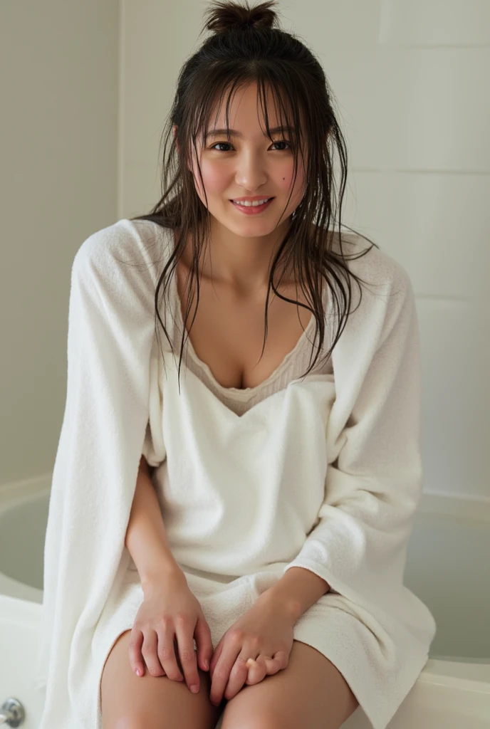 Dark brown hair、Light brown eyes、Japanese actress、 Lady、I am about 40 years old.、masterpiece、Highest quality、cinema、(Cute Japanese Woman:1.3)、1 Girl、elegant、warm、Wipe your head with a towel、Sit in the bath
