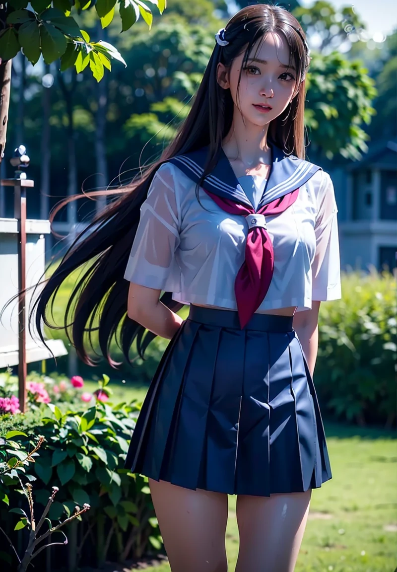 (masterpiece:1.3), High resolution, Super detailed, Very detailed, CG, Unity, 8k wallpaper, Realistic, photo-Realistic, RAW Photos, Raw photo, (8K, Highest quality, masterpiece:1.2), (Photorealistic:1.4), Beautifully detailed face, Perfect and beautiful face, Beautiful and elaborate face, Accurate, Very detailed顔と肌の質感, Surface Details, Detailed hair texture, Perfect body, (Fair skin:1.2), Fine grain, Beautiful eyes in every detail, Slim face and figure, Big eyes, (Glossy Lips, Natural color lip:1.4), ((A sexy, sensual smile, A charming, sexy smile:1.4)), ((pretty girl, Random stylish hairstyles:1.4)), ((16 year old Japanese high school girl。She is wearing a tight sailor uniform.、The navy blue skirt accentuates the lines of her thighs and buttocks.。White blouse、Characterized by a red ribbon、Have a sexy charm。Her hair is straight and down to her shoulders、Bangs are blunt。She has a slightly seductive smile、He has a textbook in his hand。A spring landscape with cherry trees in full bloom in the background。The school building can be seen in the background.。The pose is a slight twist of the body.、The thighs and buttocks stand out prominently:1.4)), (Staring at the audience:1.3), ((Sexy shot of the camera, Bold sexy pose:1.3)), (Detailed Background:1.2), Perfect dynamic composition