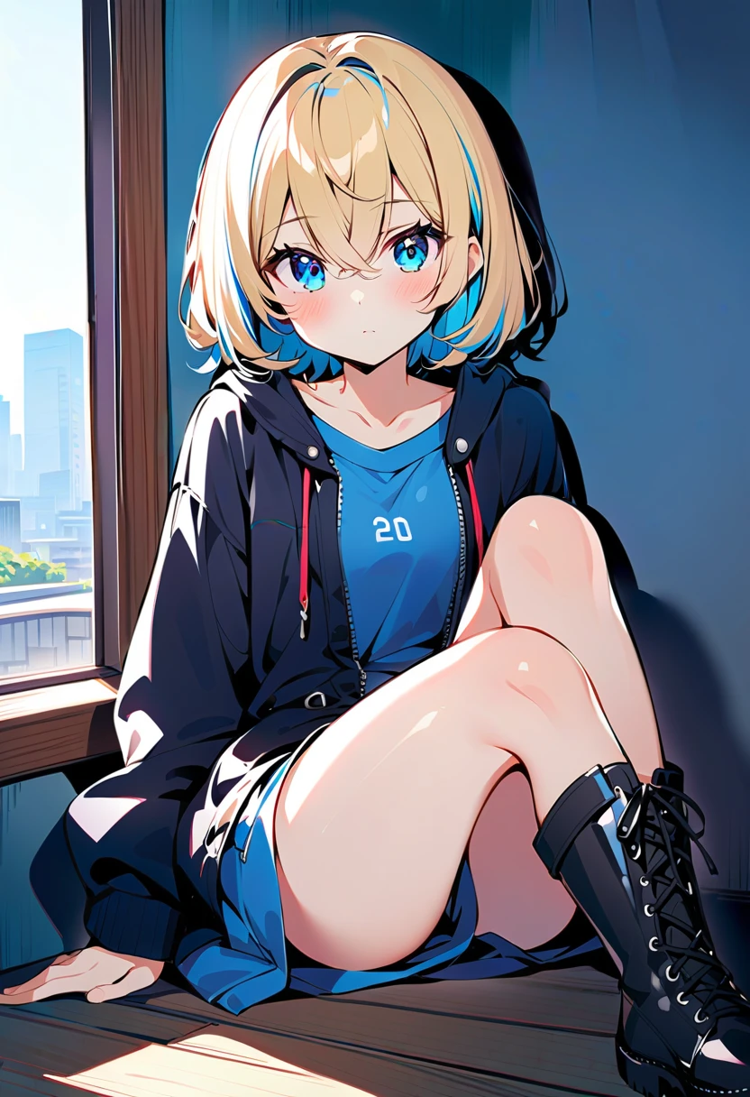 best quality,ultra-detailed,((background:inside the room1,8)),((full body)),((one boy)),((fem boy)),((trap)),((bulge)),((sitting)),((hugging own legs)),black-choker,((blonde short hair)),((man’s face)),((dress up as a woman)),((bashful)),((blush)),((flustred)),((poor chest)),((flat chest)),(hooded jacket),(off-shoulder tops),(black-mesh-tops),(denim shorts),(short-length-leggings),(leggings-in black),(white loose socks),(sneakers),((having a shoulder-bag)),vibrant colors,soft lighting,