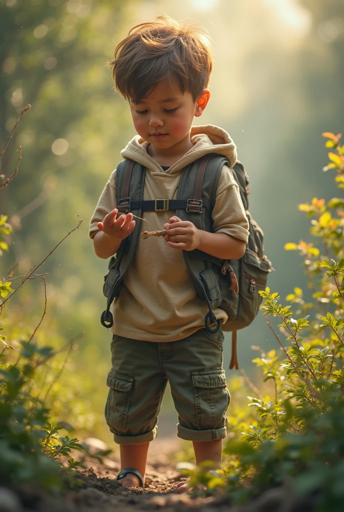 Danielum 1 year old boy with short straight brown hair and cute and soridente with blue shorts and green shirt dom yellow backpack strolling in the forest very realistic and human --auto --s2