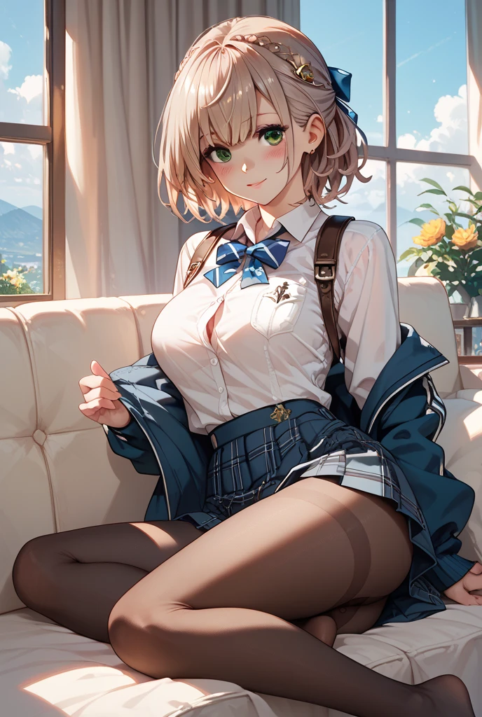 Mature Japanese high school girl、soio、slender leg、Whole body from head to toe、Sit up、M-shaped legs、small tits、(black pantyhose): 1.2)、White panties visible through stockings、very beautiful girl、I'm not wearing shoes、shy big eyes、(short brown hairy area)、(bangss)、Unkempt hair、(hair clips)、pale blush、独奏、Looking at the camera、White panties are visible、 High School Uniform Blazer、High School Uniform White Blouse、high school uniform blue ribbon、High school uniform plaid and navy pleated skirt、Misaka Mikoto、Brown hair、brown-eyed