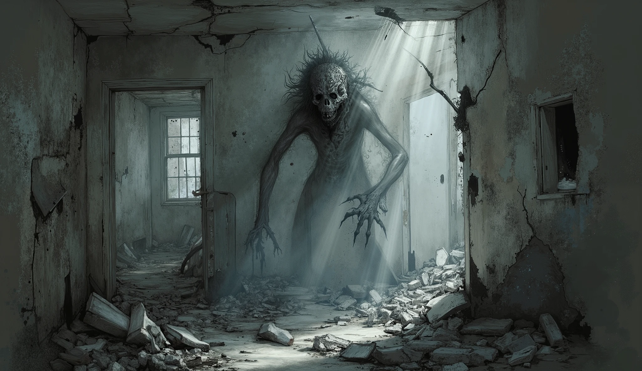 Surreal horror, ethereal apparition, abandoned house, dilapidated, darkness, shadows, haunting art, high detail, masterpiece.