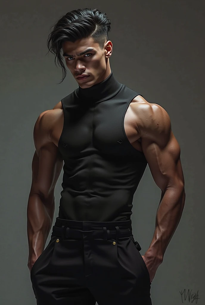 create a hyper-realistic one-man. He is white and handsome, His eyes are striking. He has long black hair that goes down to his waist and is loose.. Your body is extremely muscular and strong. His appearance is dark and mysterious. He is older and is masturbating with your dick.