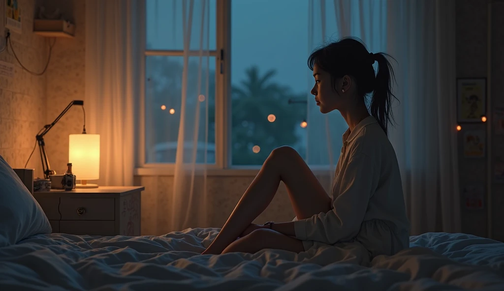 Bed by the window,The night light shines through the curtains onto my body and bed,girl sitting on the bed,Left light,You can see the person's face
