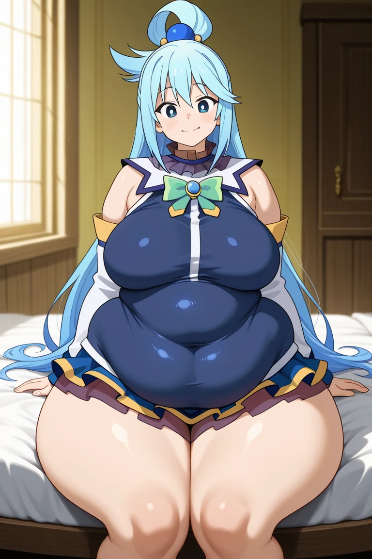 Obese Aqua(Konosuba), MKSKS Style, (Very detailed background: 1.0), (Very detailed background: 1.0), {Masterpiece}, High Quality, One Girl,, Blue Eyes,,Blue Hair,,Chest, Separated Sleeves, Hair Ornament, Hair Ring, Long Hair, Watch Viewer, Single Hair Ring, Smile, Solo, obese body, thickj thighs, Very Long Hair, Water, Konosbarashii Sekainish Kufukuwo!, (Face Only: 1.4),Sea