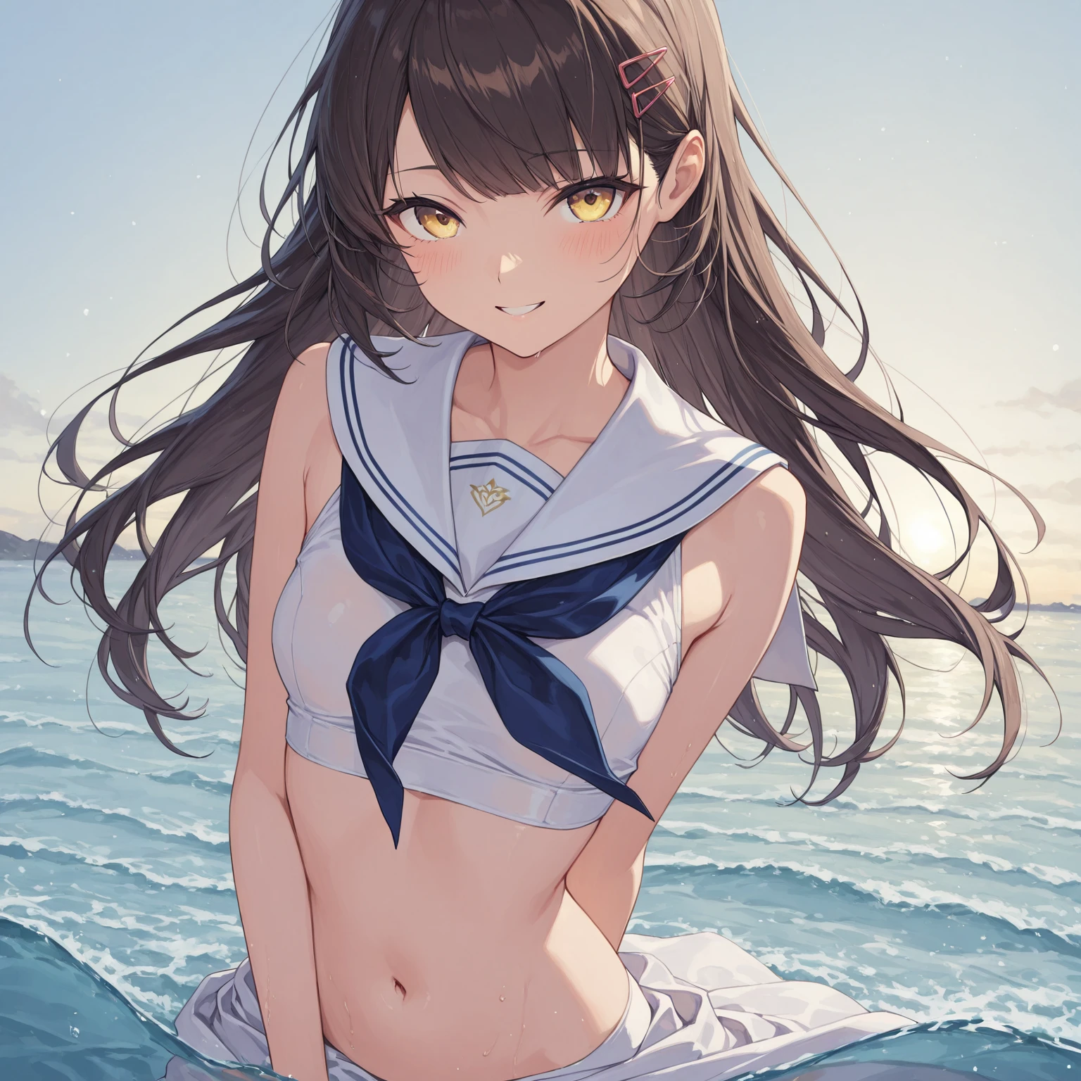 (highest quality:1.4)、High resolution、Detailed Background、(Detailed beautiful face:1.4)、Anatomically correct、(Depict the normal number of fingers:1.2)、(Detailed facial expressions)、Realistic、Beautiful fingers、Beautiful, smooth skin、age beauty、(Huge breasts:1.3)、Perfect body line、Attractive thighs、brown hair、Black Hair、cute hair color、Bobcut、ponytail、Long Hair、cute hairstyle、Show off your attractive armpits、I'm a little excited、Cowboy Shot、nipples are floating、
Wet white short sailor shirt、White sailor collar、Pleated mini skirt、Accentuate your breasts、Accentuate your cleavage、(Underboob:1.3)、With legs apart、cute colored panties、Panty Shot、cute、
(A beautiful girl lying on the beach:1.3)、The whole body is wet、My clothes are wet and transparent、Wet、Immerse in water、See through、look at me with a sexual expression、Looking at me happily、Smiling、Panty Shot:1.1、cute、cameltoe:1.1