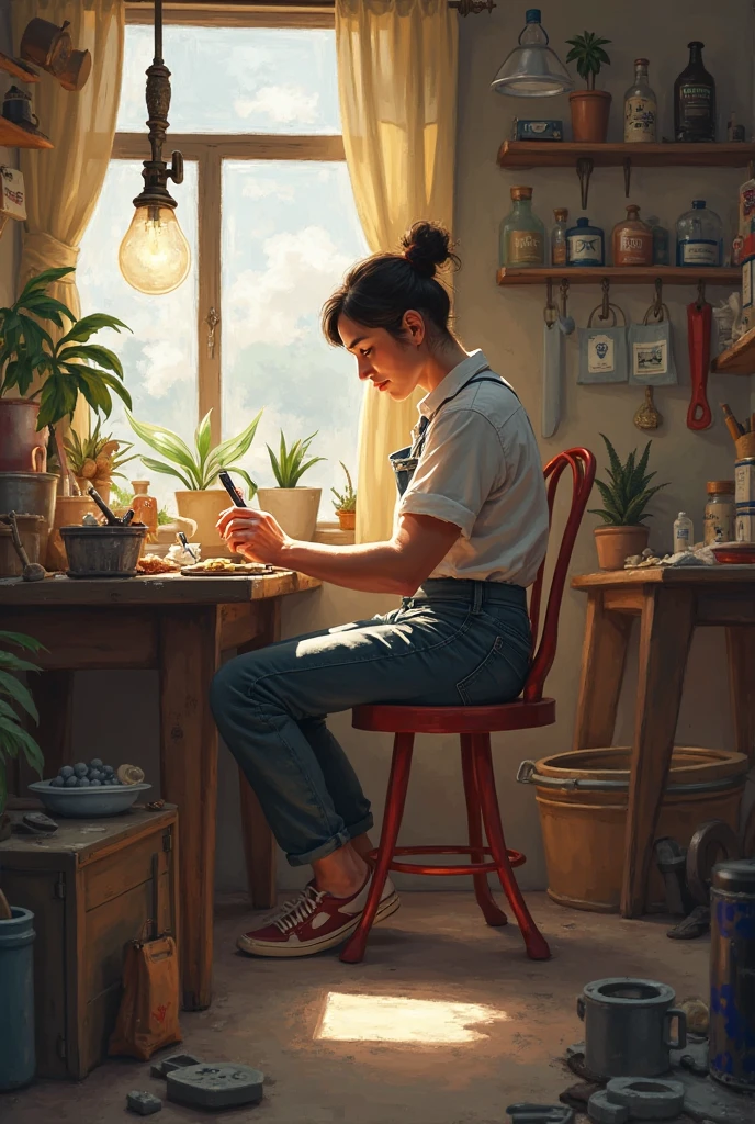a painting of a woman sitting on the floor next to a window with a potted plant in front of her by Tom Bartek <lora:Tom_Bartek_Style_XL>
