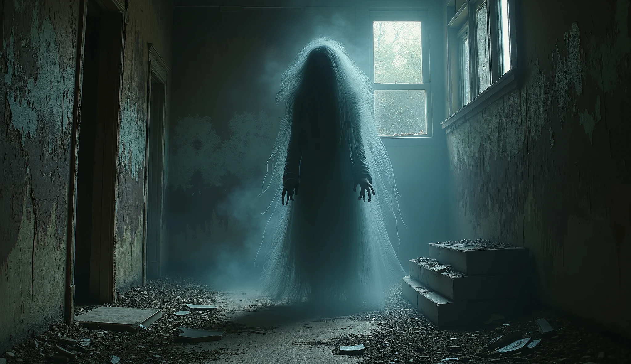 Surreal horror, ethereal apparition, abandoned house, dilapidated, darkness, shadows, haunting art, high detail, masterpiece.