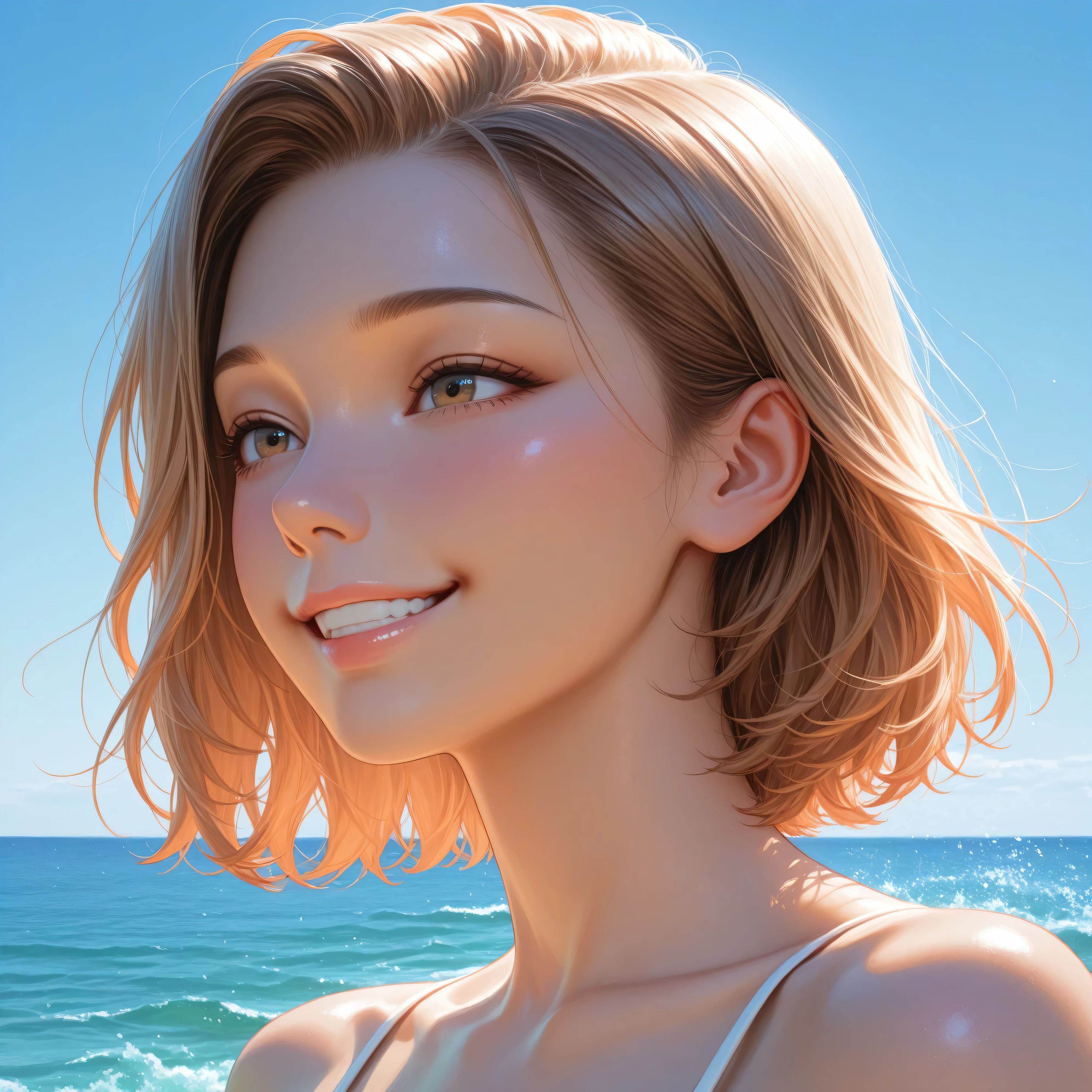 short hair, smile, Surrealism, UHigh resolution, Accurate, Anatomically correct, Textured skin, Super detailed, Attention to detail, highest quality, High resolution, (On a wide beach), Paradise Background, D cup breasts, A view of her from below, (Oversized Long T-shirt:1.3),