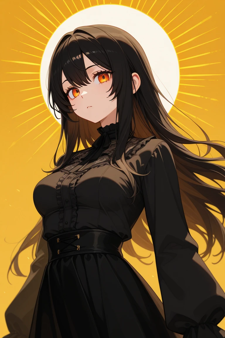 A woman with shoulder-length black hair with bangs, yellow eyes, small muscles and big breasts wearing a long formal blouse