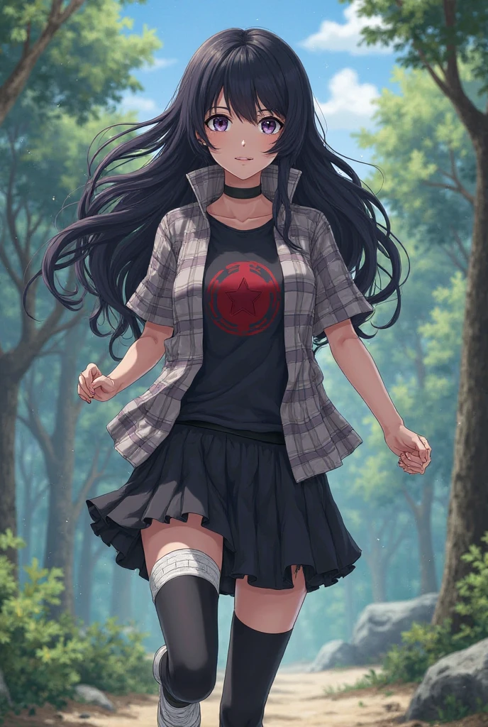 solo, female, sfw, medium shot, tall woman, happy smile, pitch black skin, large breasts, park, brutalist architecture:0.5, day, red trees, wavy hair, black hair, long hair, casual dress, black eyes, steepled fingers, cleavage, red grass, hands over chest
