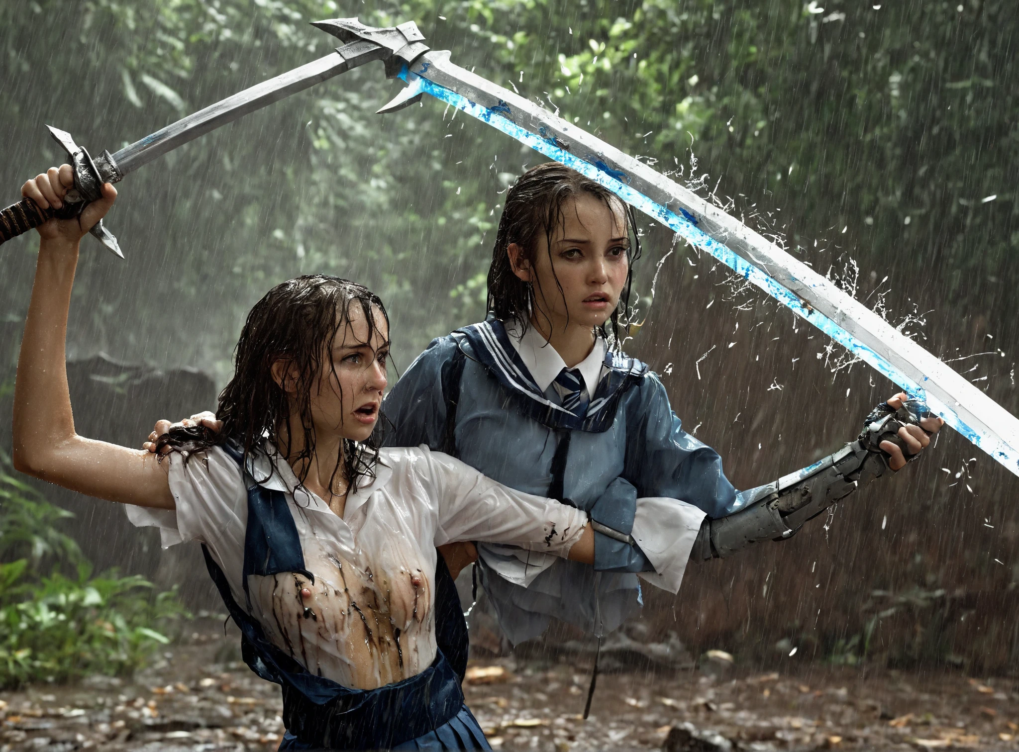 A dramatic, cinematic nighttime scene in a mysterious jungle, where a pair of 20-year-old twins, unexpectedly revealed as magical warriors, stand valiant and ready to face a pack of menacing wolf-like monsters. The twin brother, a charismatic hero, is dressed in his - a crisp half-sleeve shirt, a tie knotted neatly around his neck, and a pair of shorts with socks pulled up to his knees, an odd juxtaposition against the backdrop of the wild. His sister, equally fierce and nimble, wears a short-sleeved shirt and a mini skirt that allows for swift movement as she wields her magical red glowing bow, a quiver of arrows slung over her shoulder. The siblings' eyes are locked onto the snarling beasts that prowl around them, their gazes filled with determination and a hint of surprise. The brother, armed with a majestic blue glowing sword, holds it aloft, the blade casting eerie shadows and a comforting light in the surrounding darkness. The monsters, with fur bristling and eyes aglow with malicious intent, encircle the duo, their massive forms weaving in and out of the dense foliage. The air is thick with tension as the twins stand back to back, their trust in each other unshaken. The magical aura of their weapons illuminates the scene, creating an ethereal dance of light and shadow that pierces the inky blackness of the jungle night. The twins' school emblem, a symbol of knowledge and unity, gleams faintly on the brother's shirt, serving as a stark reminder of the world they left behind to embrace their extraordinary destinies. Despite the danger, there's a sense of unity and unyielding spirit between them, hinting at the deep bond that fuels their courage. The scene is framed with an overhanging canopy of leaves, the moon peeking through to cast a silvery glow on the battle about to unfold, as the twins prepare to unleash their arcane powers to protect their realm from the encroaching horrors of the night.
