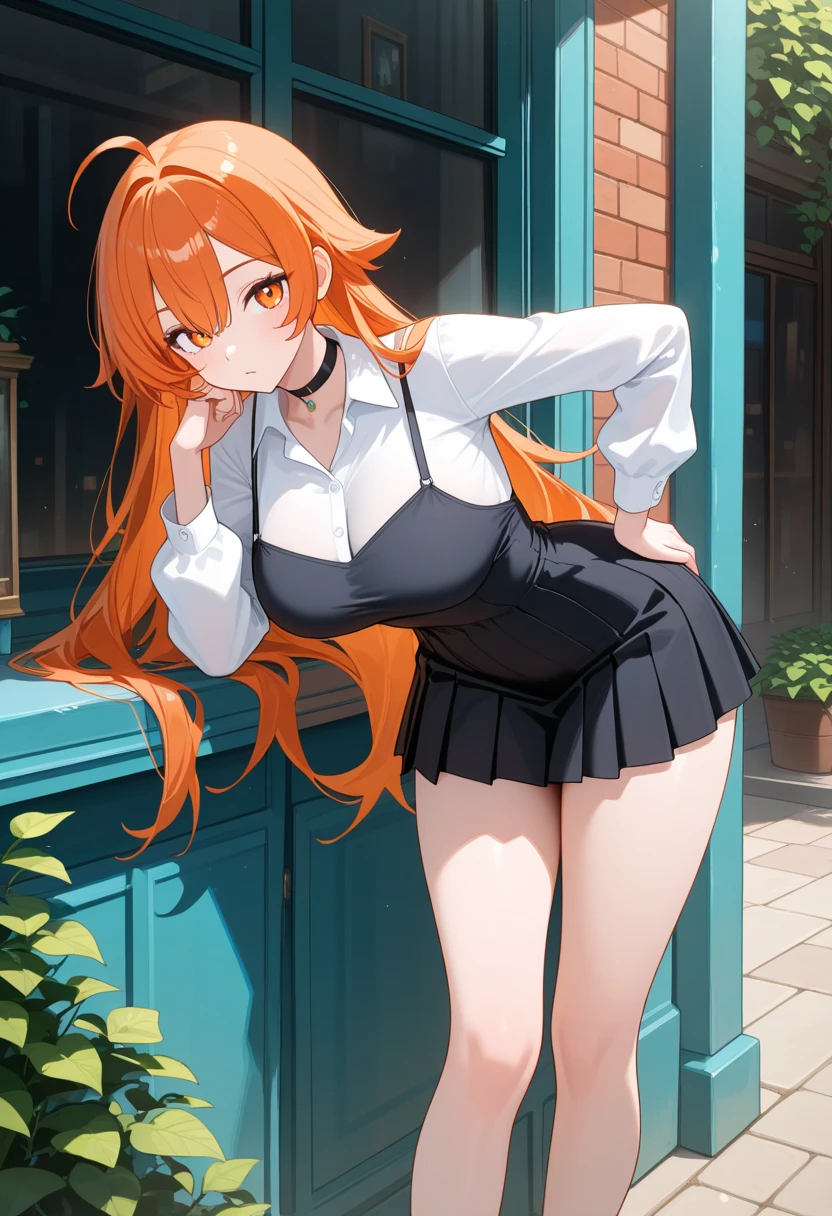 best qyality, 8k, fit thighs, fit figure, stocking suspenders, legs, , woman, succubus, in a dark apron, medium breasts, sexy ahegao face
