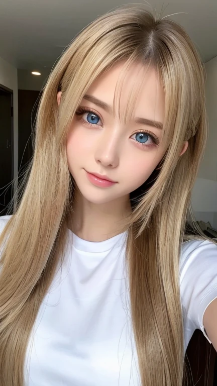 mary rose、blond、Half-length photo、((Cute pink dress))、Very beautiful Swedish 16 year old pretty girl、shiny skin、white skinned、a smile、beautiful bangs、long and straight,絲般美麗的白金blond女郎、shiny hair、Extra long straight hair、Eyeliner、a small face、big breasts、 crystal clear ocean blue eyes,Shining with beauty、beautiful and smart girl、Take a selfie in the room、Looking to the future