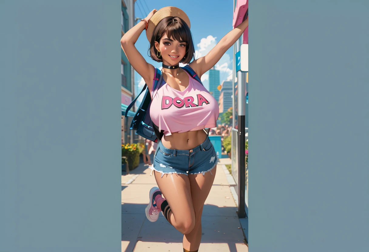 (masterpiece), best quality, expressive eyes, perfect face, Nico Robin in the tropics, (tropical background), (walking), (smirk), (closeup view), (1girl, Nico Robin face, dark skin, tanned skin, tan, black hair, long wavy haistyle, no bangs, brown eyes, hourglass figure, skinny body, large breasts, huge breasts, oppai, wide hips, thick thighs, (((blue zip-up jacket), (short sleeve), (croptop), (exposed cleavage)), BREAK, ((pink long skirt)), BREAK, ((pink heels)), BREAK, ((yellow lense sunglasses))),
