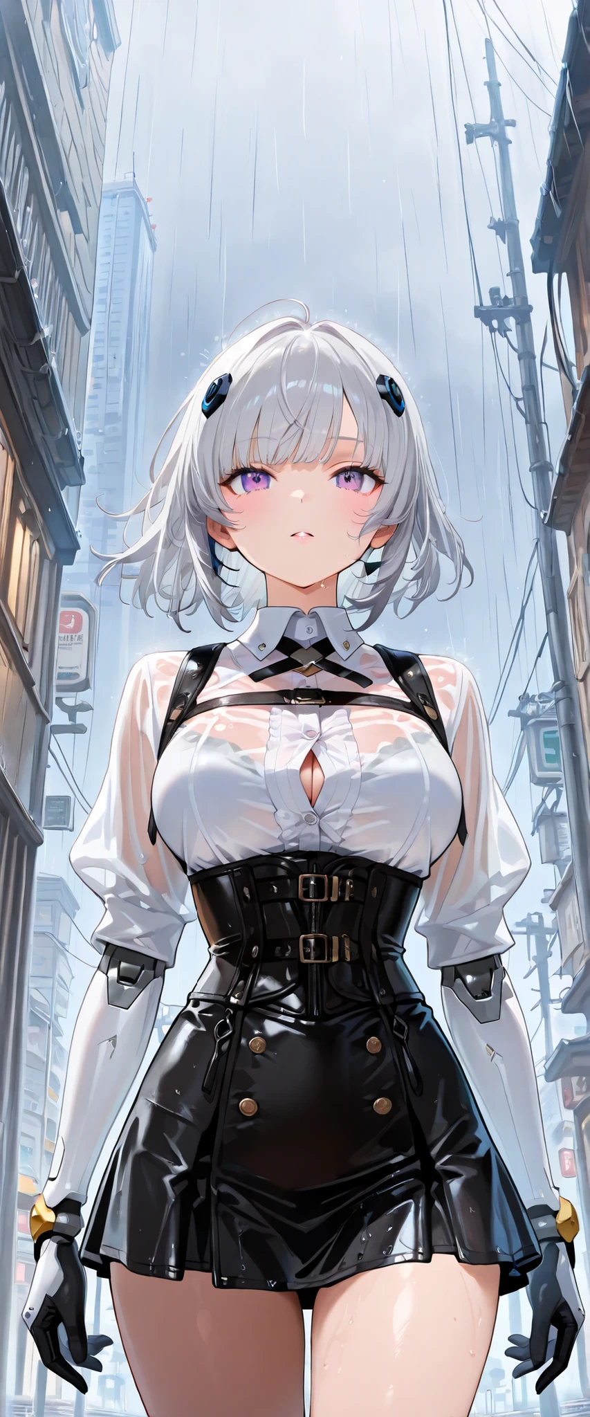 Masterpiece, Best Quality, (perfect anatomy,realist:1.3, front view, facial focus,(without looking at the viewer:1.2), (1 girl in:1), 1 woman, (big breasts:1.2), sexy body, thin waist, Attractive front curves, round and soft chest, disgusted face, (black fur:1.6, short hair), evening, Heavy Rain, exterior, City, crop top, choker 1:6, (White long sleeve collar shirt:1.4), (corset black leather), black gloves covering hands, (shiny black tight mini skirt), blood stains, Dark alley, blood splattered on the floor, bright red light, bright Eyes, depth of field, night sky, Atmosphere, perfect hands