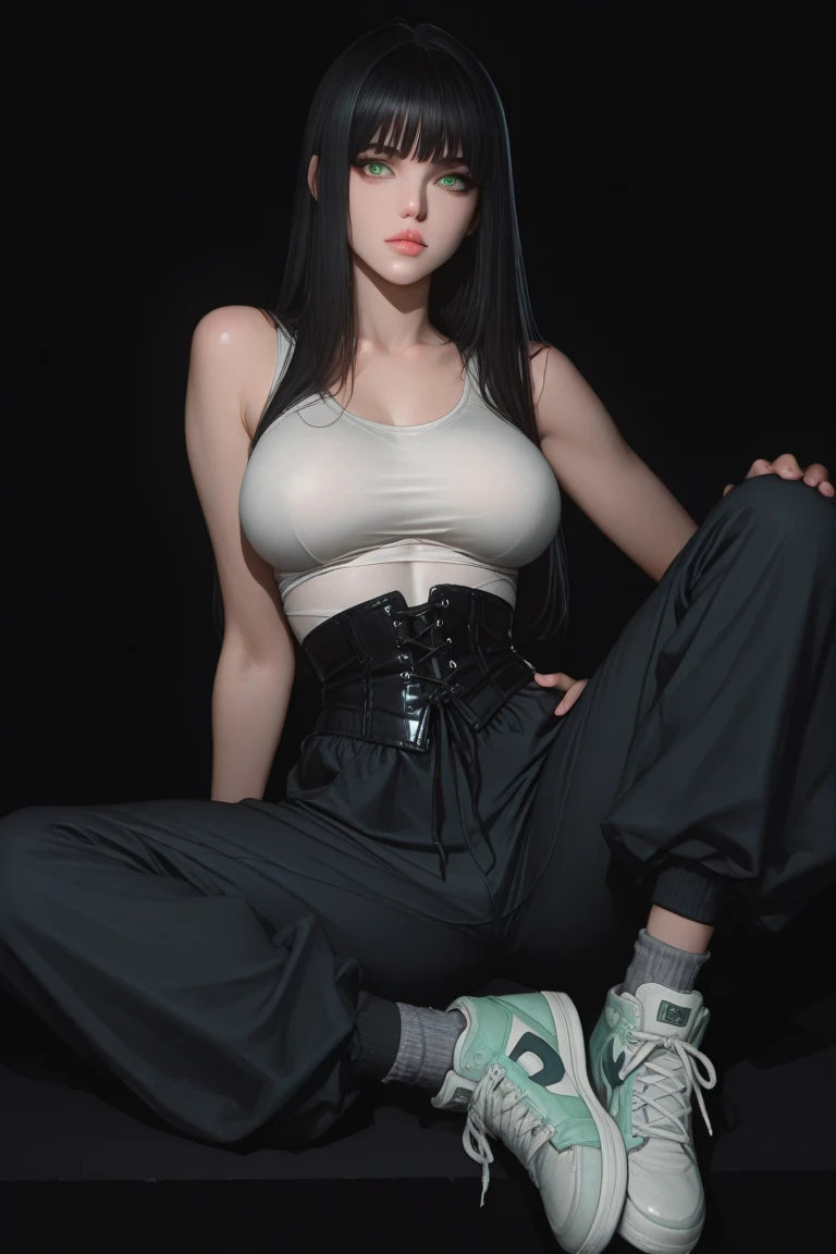 Ultra realistic, real girl, 16K, best quality, High resolution, hot atmosphere, dream atmosphere, 1 small-girl, 20 years old, Long messy black hair, cute bangs over the forehead, evil eyes, sexy eyes look, skin being illuminated, realistic shading, pale-white skin, light-grey skin, Realistic textures, wearing sexy black outfit, earrings, fit body, big natural breasts, realistic hot body, small and hot girl, seductive, sensual posture, big hips, thick legs, torn clothes, hot thick legs, white sneakers, full body, multiple sexy positions in different types of angles, blurred background, Depth, dream aesthetic, Atmosphere of dream, cinematic lighting.