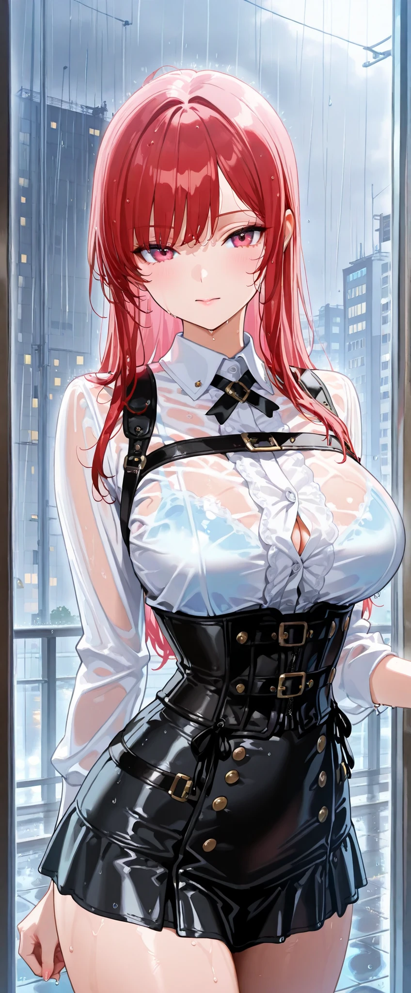 Masterpiece, Beautiful art, professional artist, 8k, art style by sciamano240, Very detailed face, Detailed clothing, detailed fabric, 1 girl, big breasts, standing, front view, perfectly drawn body, pose sexy, beautiful face, long dark crimson hair, Blue eyes, very detailed eyes, pink cheeks, seductive expression, loving smile, glasses,  choker:1.6, (long sleeve white collar buttoned shirt), (shiny black corset), black gloves covering your hands, (shiny black leggings), Sensual Lips , winter night, show details in the eyes, looking at the viewer, elegant room, at night,