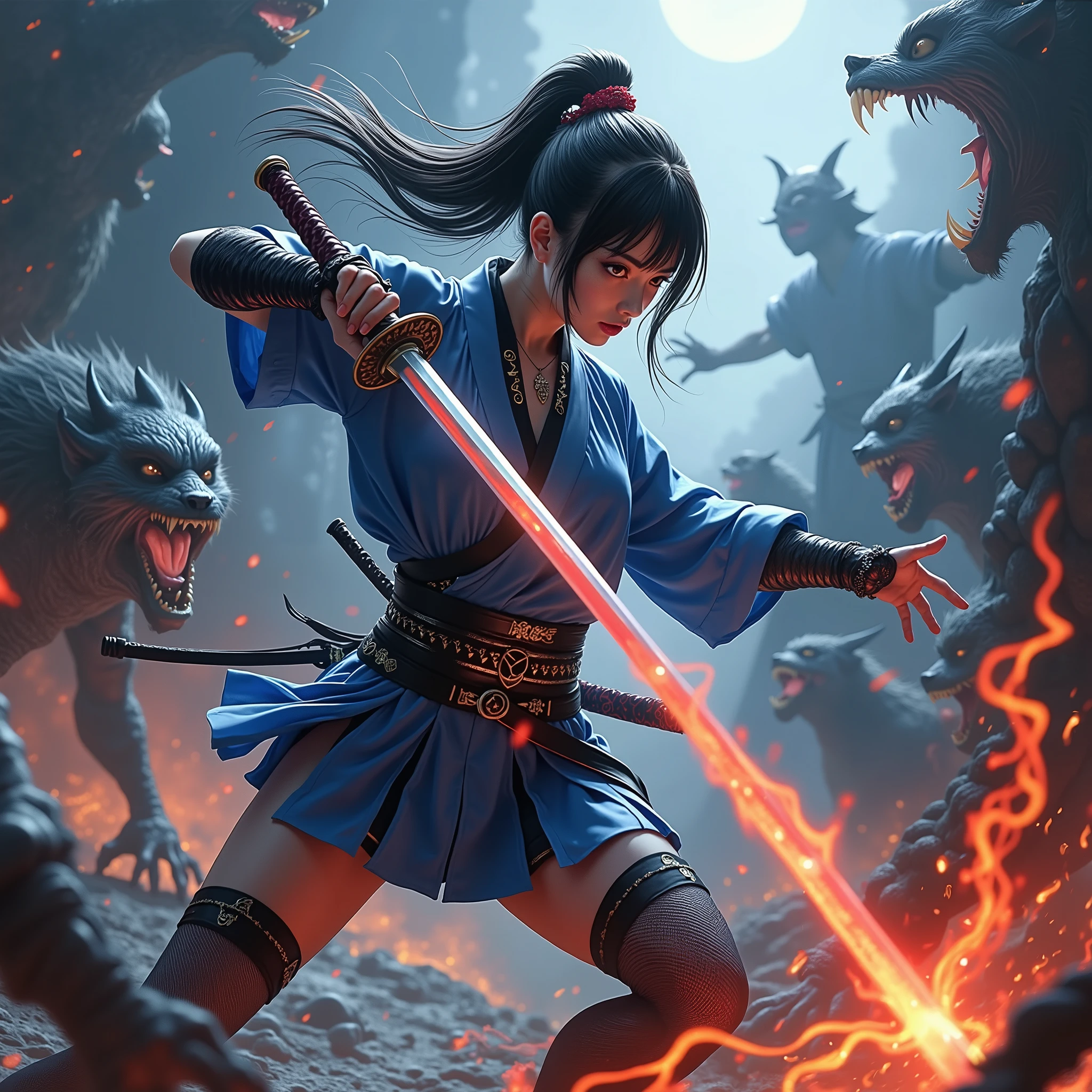 .Photorealistic..high resolution..1 girl (kunoichi) Bounty Hunter.. samurai sword..Very beautiful woman ((katana)).Murasame.((切先 fukura)) ((反り) (刃文) (tsukamaki tsuba).Demon slash..Monster slash..Ghost slash..Evil thoughts slash..Famous Sword Murasame..((Alluring Light sword))Slash the darkness in mind..[[zombi Demons in battle:1.3]]..Short Hakama..(blue tabisocks) (full body:1.1)..Arm Fingers Exact Position..((Wedge mail tights)) and kunai...kusarikatabira stockings..Magical Gauntlets..