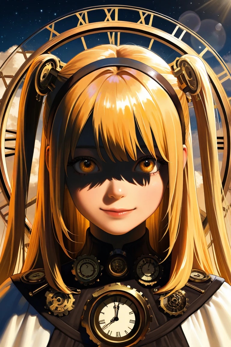 Optimal，masterpiece，High resolution，highest quality，Hyper HD，Very detailed，Award-winning，16k，alone，smile、(Upper Body），Upper Bodyの写真、Cute face，，Blonde、Long Hair、Hairline，（（Scarlet Eyes）），Long eyelashes，Drooping eyelids，White skin，((Shoot from the front:1.5)), ((Tight black t-shirt:1.5)), ((Clock Top:1.5))、See-through、Rocket , ((Large Breasts)),