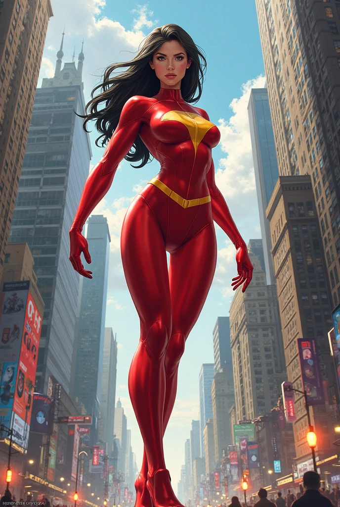 John Busema (John Buscema) Best Style ,A powerful female superhero wearing red, In the sky of a bustling metropolis,She is beautiful and sexy,Overlooking everything(whole body) Cinematic, Ultra Detailed, 16k resolution):