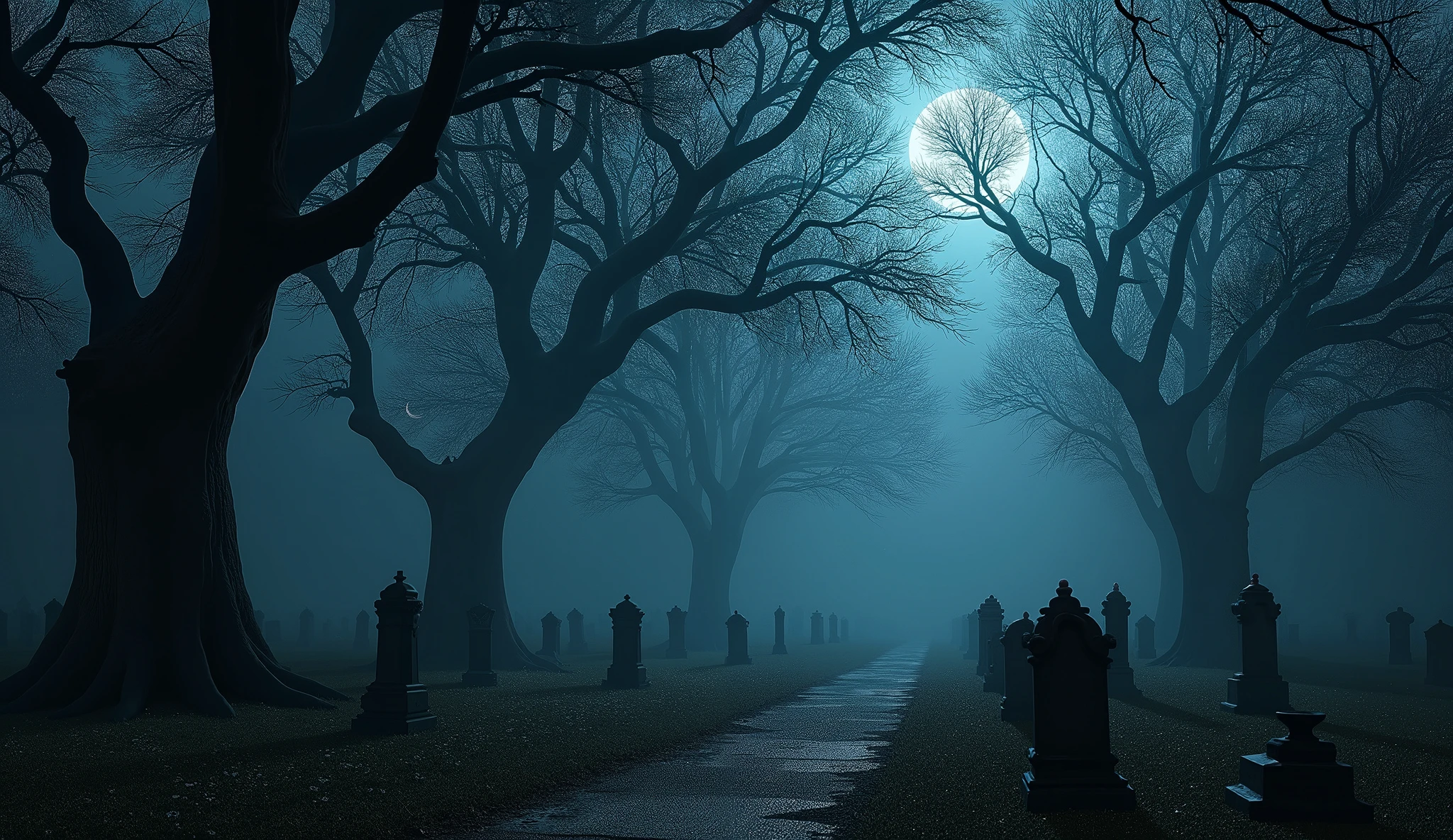 Abandoned graveyard, Gothic cemetery, nighttime, darkness, eerie shadows, twisted trees, foggy, surreal horror, haunting art, high detail, masterpiece.