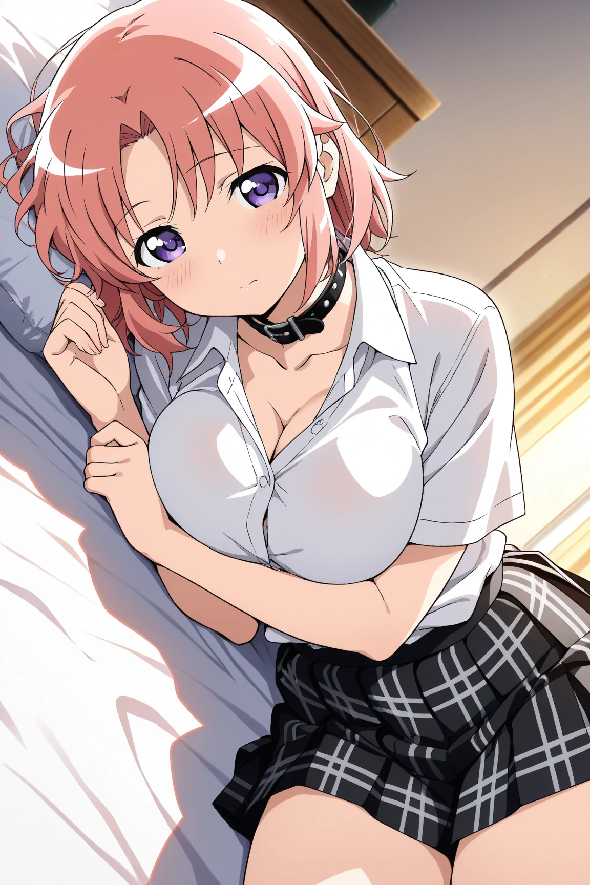 1 girl,  
yuigahama yui, pink hair, hair bun, short hair, 

(8K, Top quality, muste piece)

white collared shirt, 
black micro skirt, 
smile, blush, 
sitting on bed, open legs, 
cleavage, (big breasts), sfw, 

night view, 
pov, from above, 