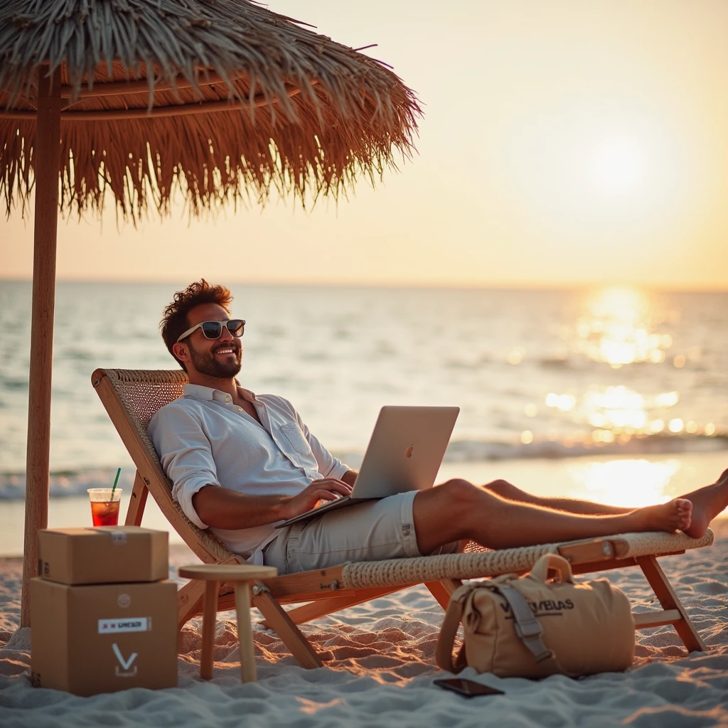 A member of the cryptocurrency community living a luxurious life on a southern island々A comical image that is immediately recognizable