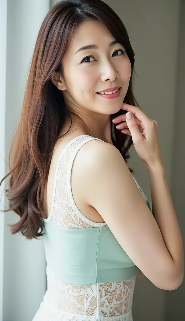 (RAW photos), (realistic), (masterpiece), (best quality), high resolution, 8k, (intricate details), (Voluminous light), portrait, female, 3, medium hair, straight hair, Center chest gap, layered hair, brown hair, very nice eyes, source order, very nice eyes썹, very good skin, Very good mouth, Very good nose, Cute like an idol, happy smile, (thick lips), (looking at viewer), RAW photos), (realistic), (masterpiece), (best quality), high resolution, 8k, (intricate details), (Voluminous light), portrait, female, 3, medium hair, straight hair, Center chest gap, layered hair, brown hair, very nice eyes, source order, very nice eyes썹, very good skin, Very good mouth, Very good nose, Cute like an idol, dead pan, (thick lips), ((kitchen)), slim body, Voluminous breasts, ((cooking)), ((I'm making food:1.6)), ((Don't look at the camera.:1.5)), apron