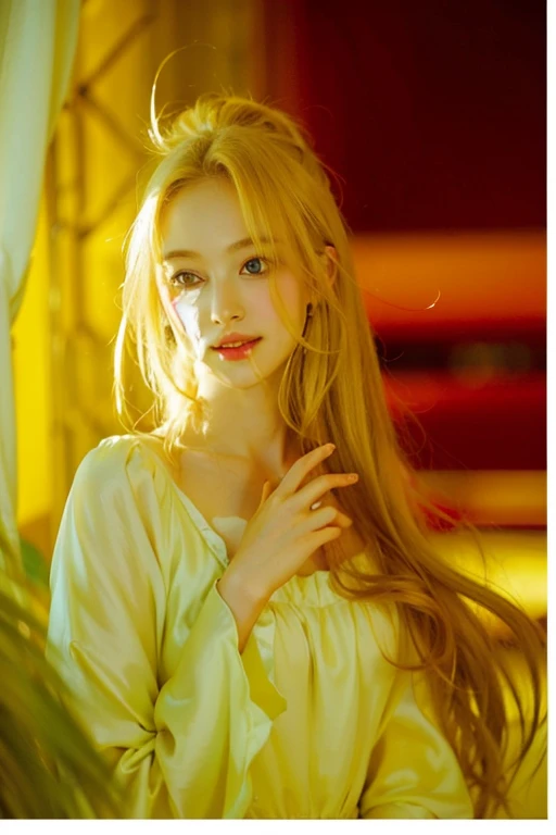 a blonde crespa,ucranian 18 years in a yellow dress,metálic collar pet, posing for a picture in a living room with a white couch and a orange curtain, private press, , a hologram, pink