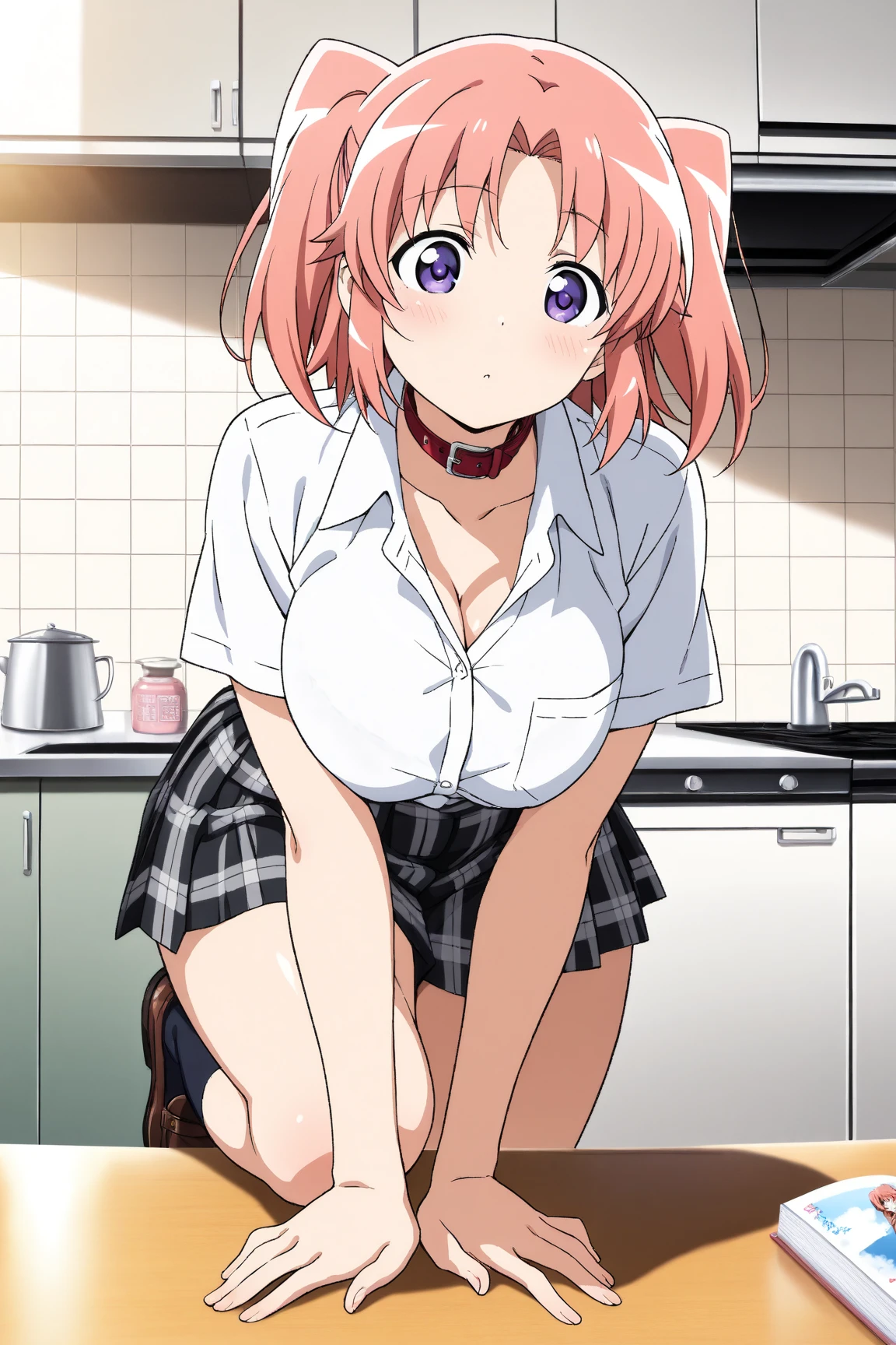 1girl, alone,Yuigahama Yui, short hair, brown eyes, Pink hair, single bun hair,looking at viewer, from the front, pov (from below),(masterpiece:1.2), highest quality, High resolution, unity 8k wallpaper, (beautiful and fine eyes), highly detailed face, full body,perfect lighting, Very detailed CG, (perfect hands, perfect anatomy),blush, smile, open mouth, large breasts, focus breasts, tight clothes, upper body, (black turtleneck, knit sweater), Cafe Background, blur the background, perfect hands, perfect anatomy