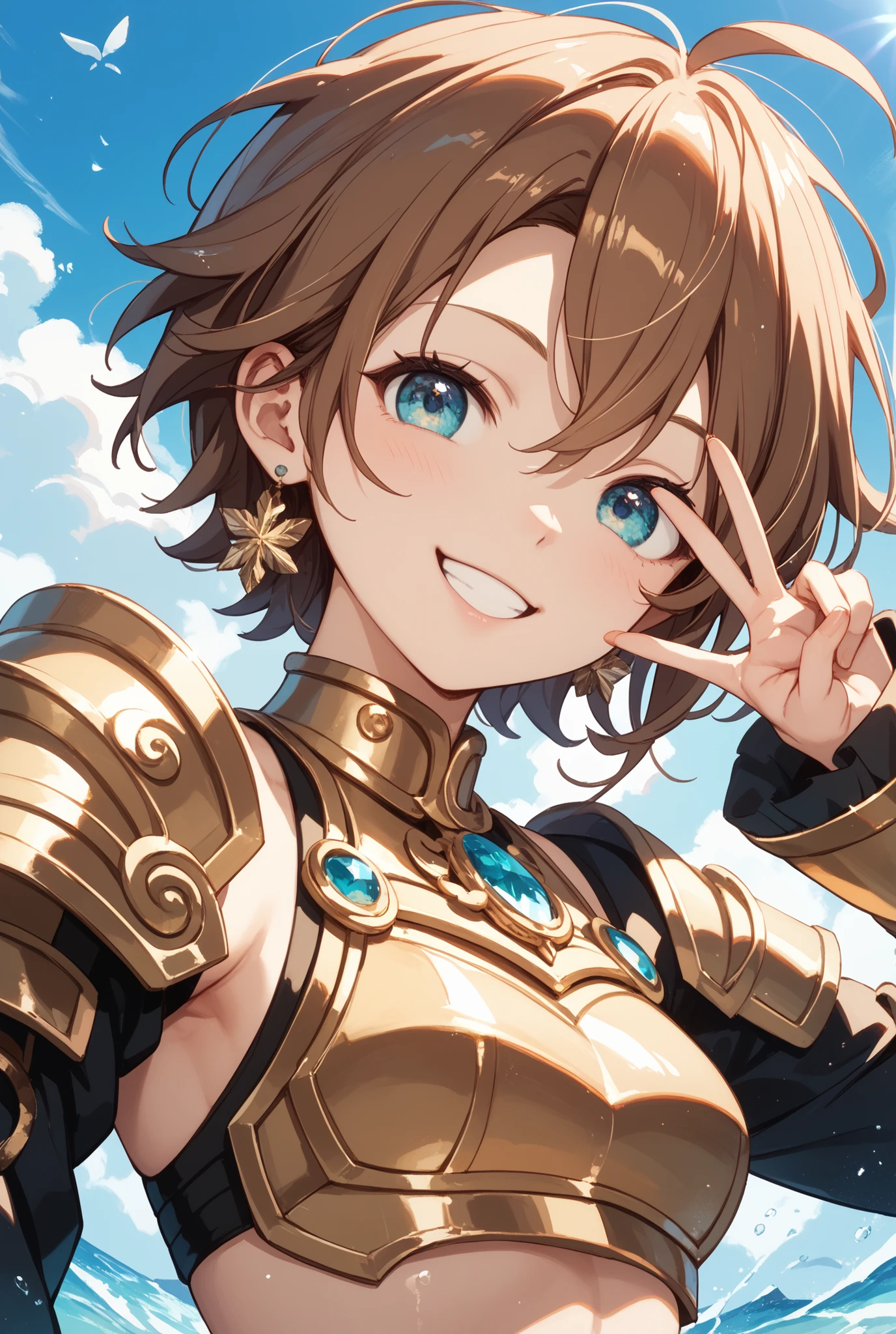 Brat, ((masterpiece)), High resolution, 10 years old、girl、 Brown Hair、Short Bob、((smile、Grin))、Embarrassed face、Excited、Sweating all over the body、Drooling、Bright Blue Eyes、smile、((Grin))、Earrings、Disturbed、Light、Motion Blur、Simple armor、A woman licks a man&#39;s penis、Putting a penis in your mouth、Cum on woman、Cum on Armor、lump of semen、semen dripping from penis、From the side、Full Body Shot